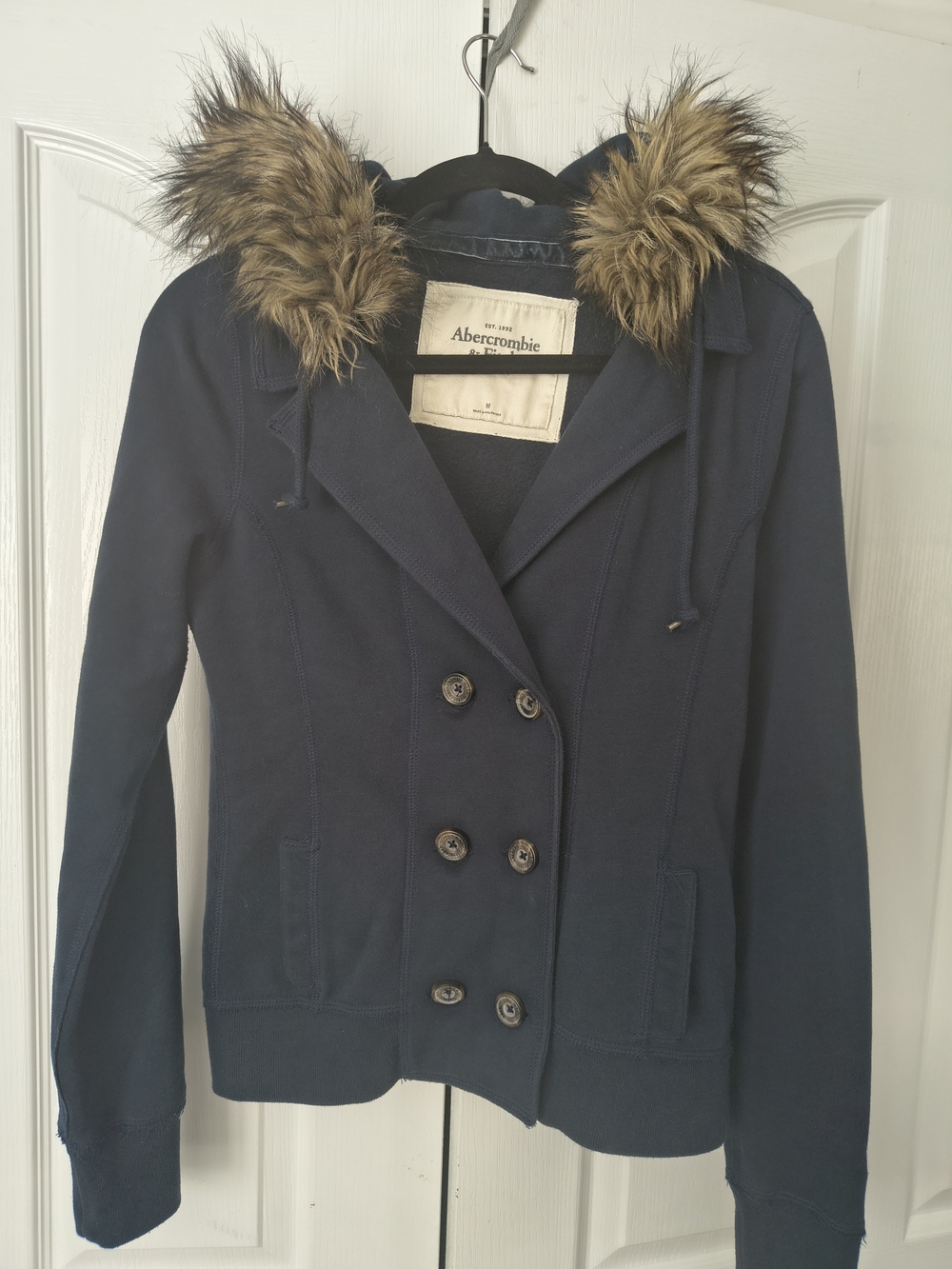 Abercrombie & Fitch Women's Navy Peacoat Hoodie with Faux Fur Trim Double Breast